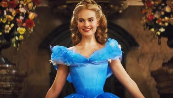 Photo of Lily James in a fancy ball gown, from the film "Cinderella"